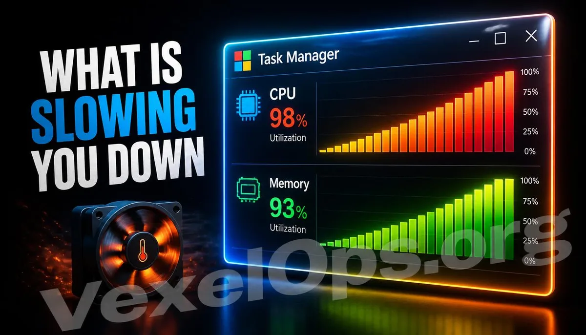 Task Manager panel in Windows displaying high CPU and memory resource usage in a 3D graphical representation.