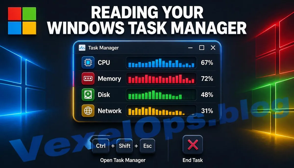 Illustration of the Task Manager's four resource monitoring columns and shortcut keys.
