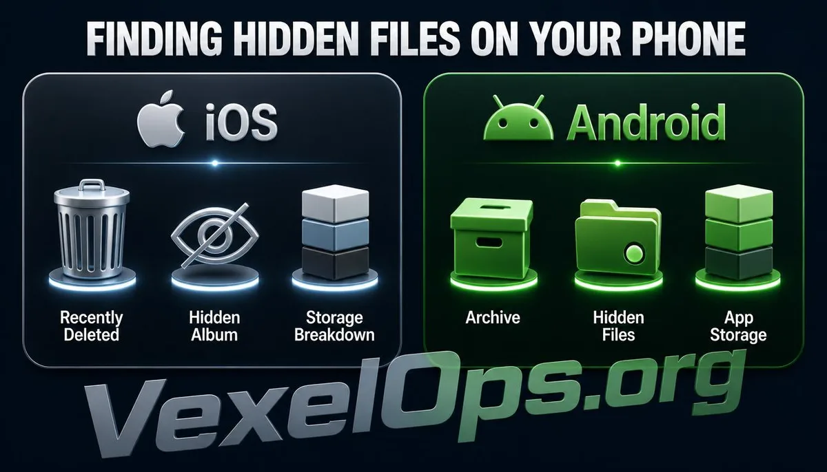 Diagram showing locations for checking hidden files on iPhone and Android.