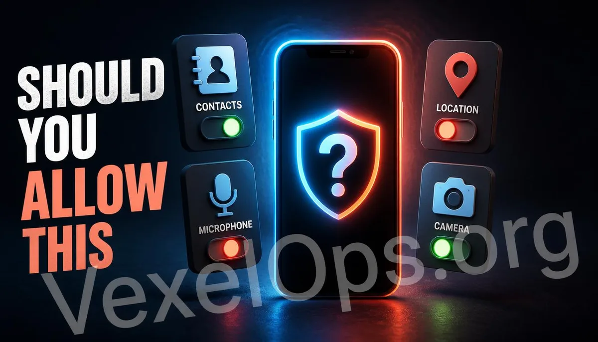3D image illustrating permission request switches for contacts, location, microphone, and camera appearing around a smartphone.