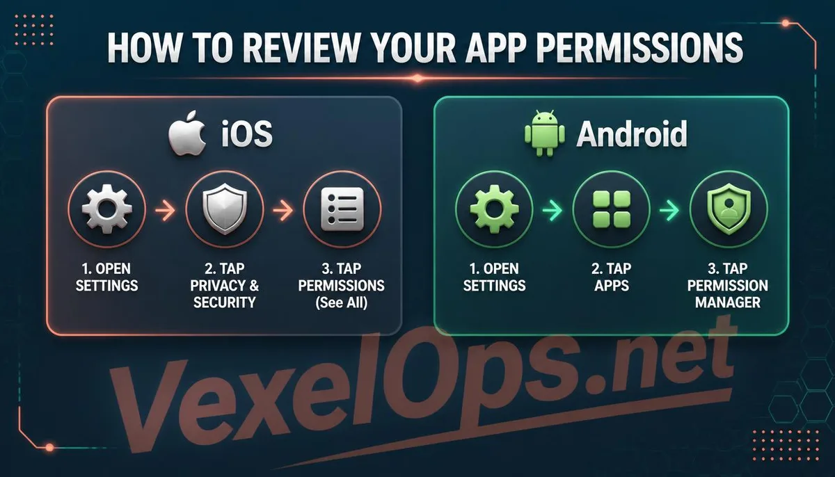 Illustration of permission settings check paths for iPhone and Android apps.