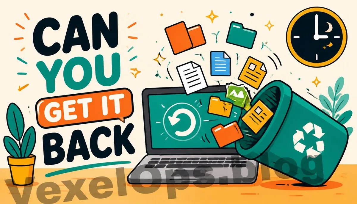 Flat illustration style depicting files being recovered from the recycle bin.
