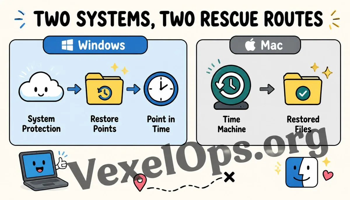 A flat illustration comparing the built-in file recovery features of Windows and Mac systems.