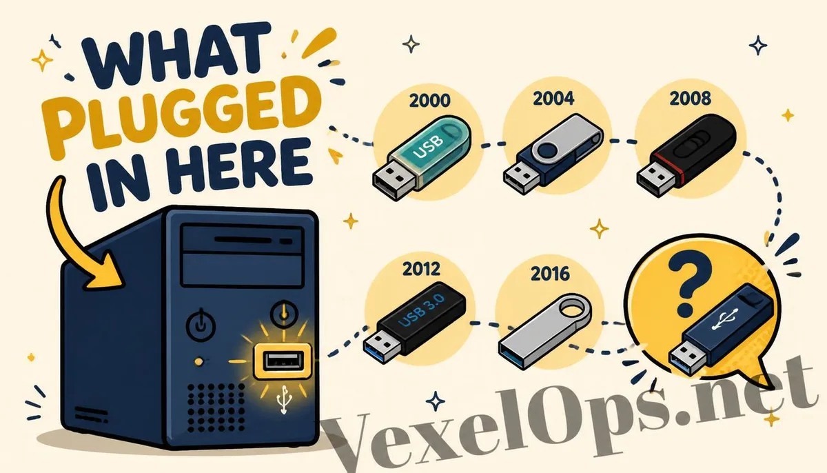 Flat illustration depicting a timeline of USB device connections and unidentified device markers.