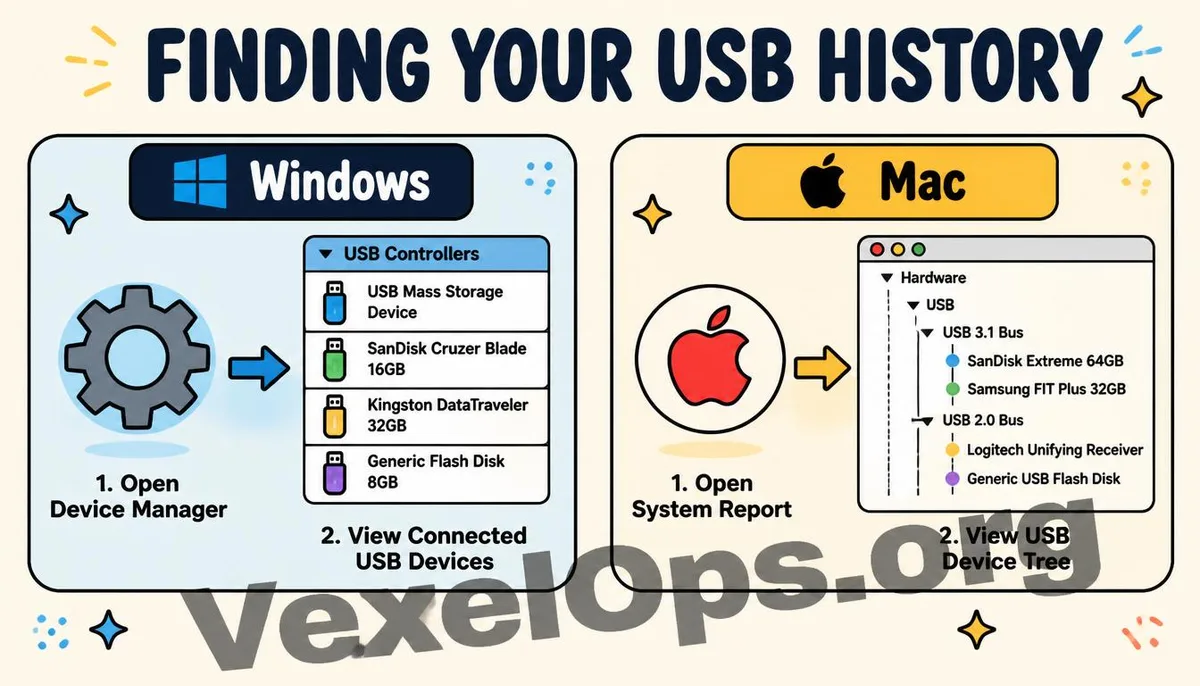 Flat illustration comparing the USB record query paths of Windows Device Manager and Mac System Report.