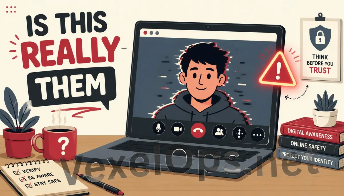 Flat illustration showing a video call scene with digital glitches.