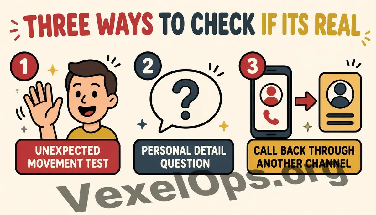 Illustration showing three methods to verify the authenticity of a deepfake video call.