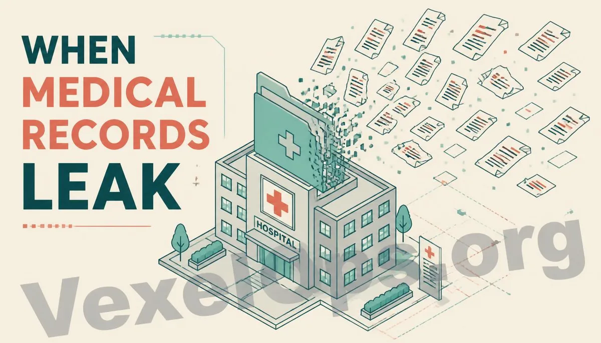 Illustration of hospital data breach represented as scattered documents in an isometric style.