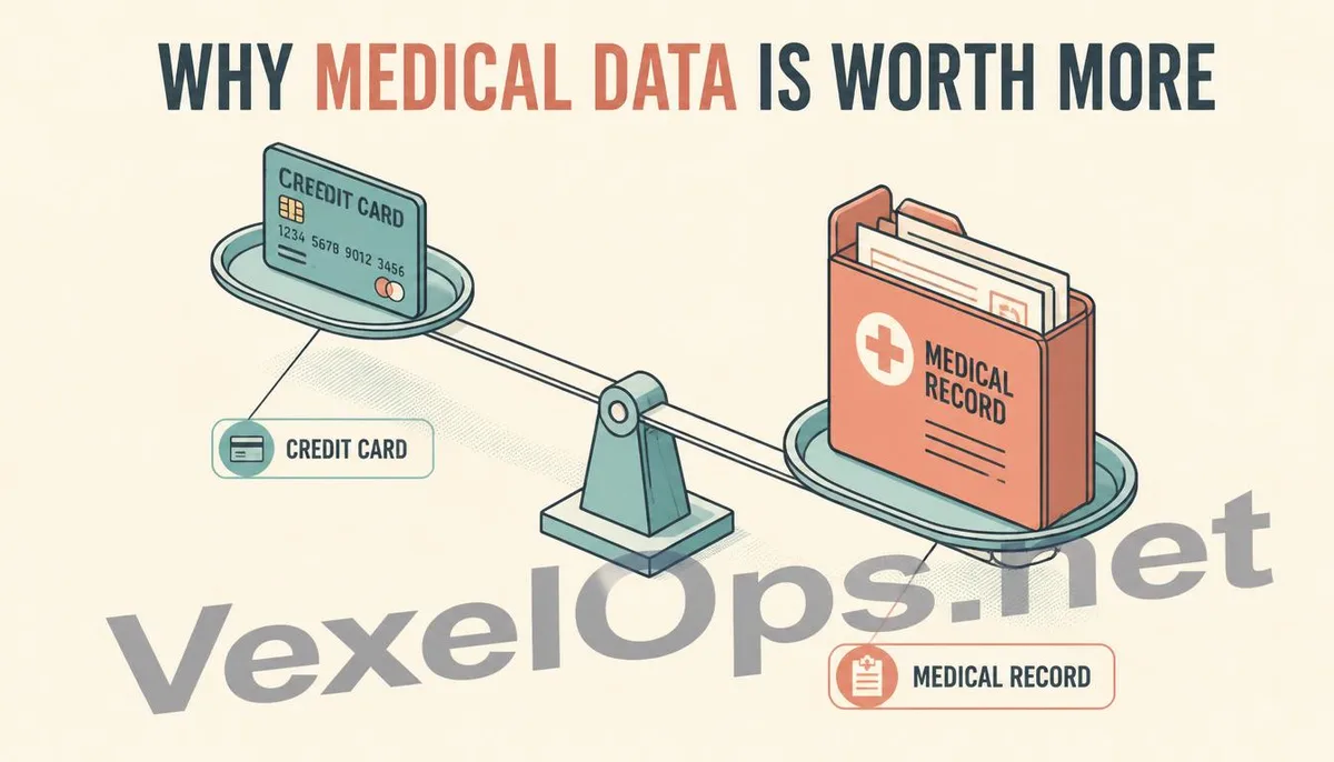 An isometric style illustration comparing the black market value differences between credit card information and medical records.