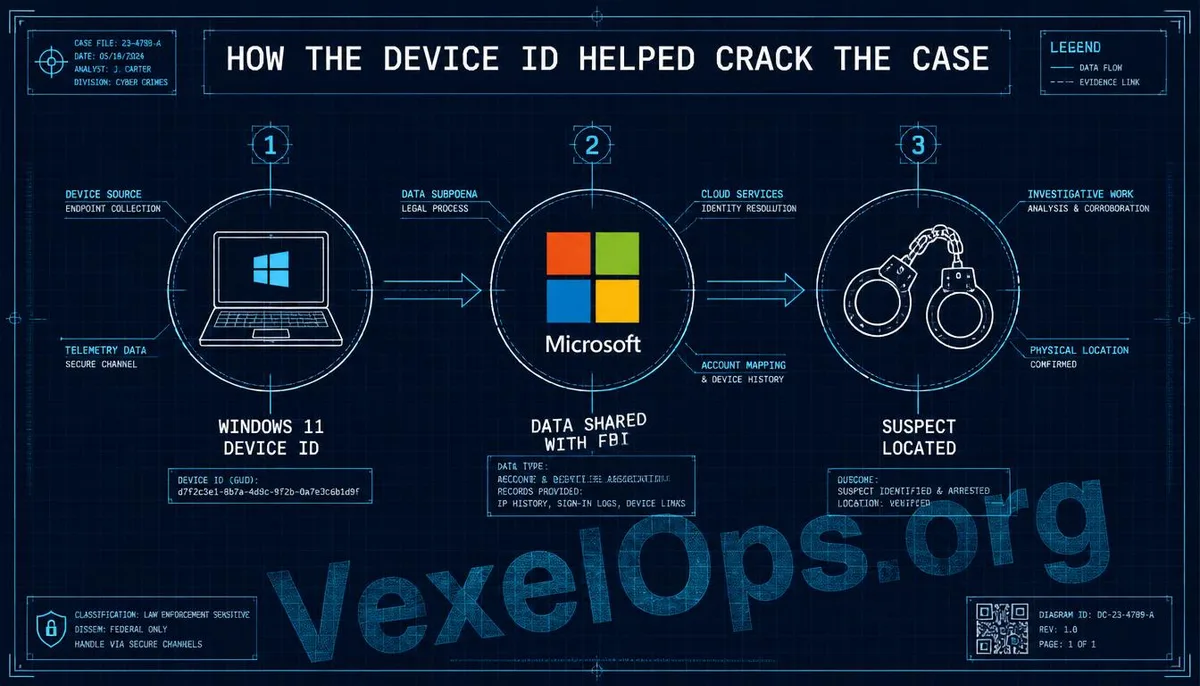 Technical blueprint-style image depicting the process of using the Windows device identifier to locate the suspect.