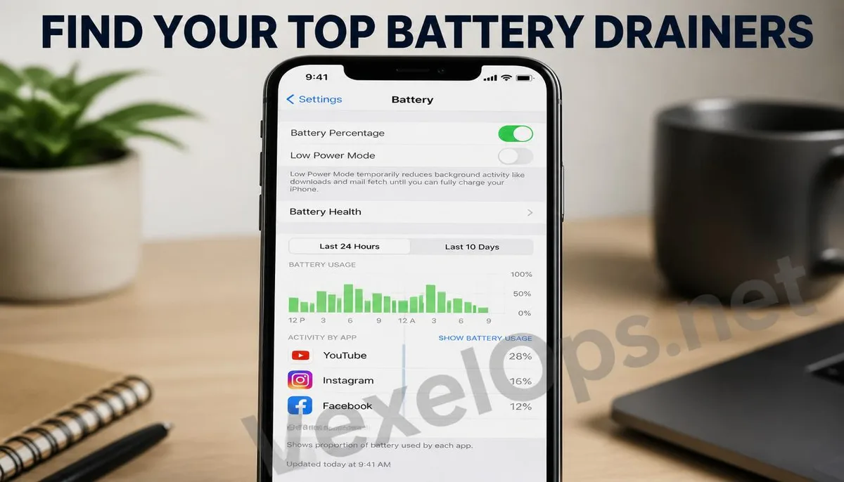 Illustration showing the iPhone battery usage analysis screen displaying the power consumption ranking of various apps.