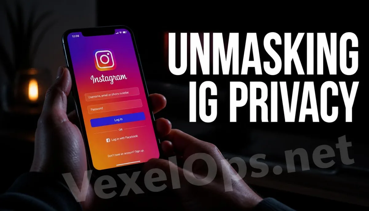 A phone displaying the Instagram login page in a dimly lit room, with a prominent English title and the VexelOps brand watermark, symbolizing the revelation of privacy truths.