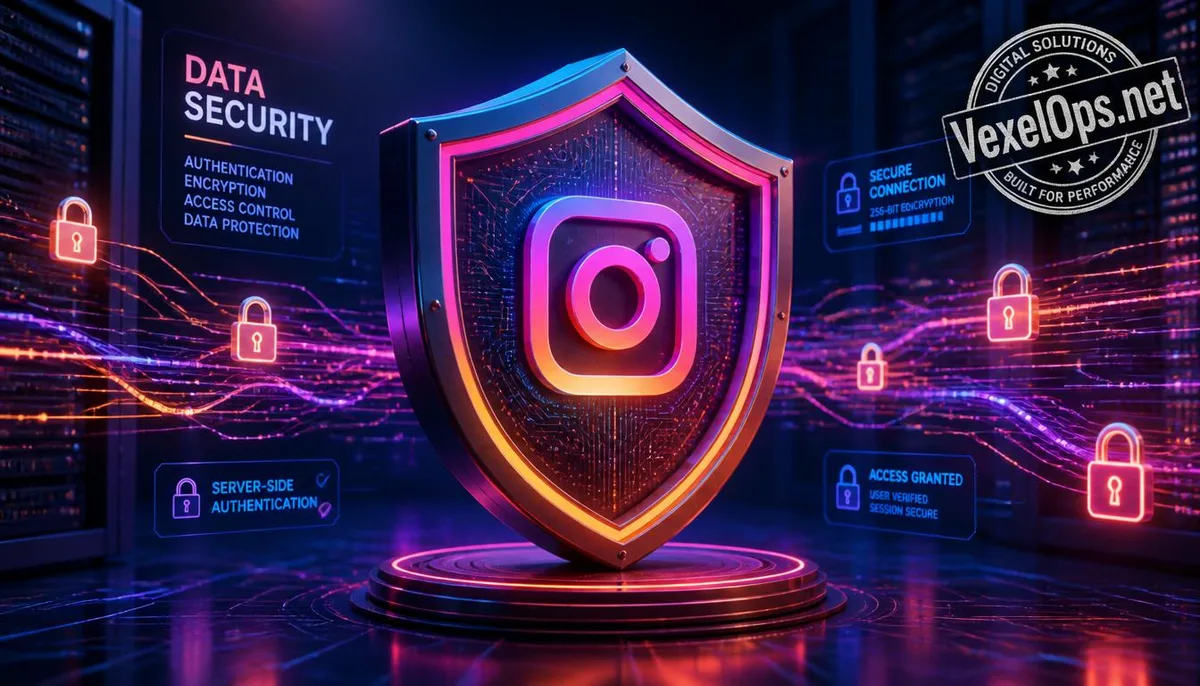 A digital shield with the Instagram logo and a padlock, symbolizing the stringent protection of server-side verification, accompanied by the VexelOps brand marking.