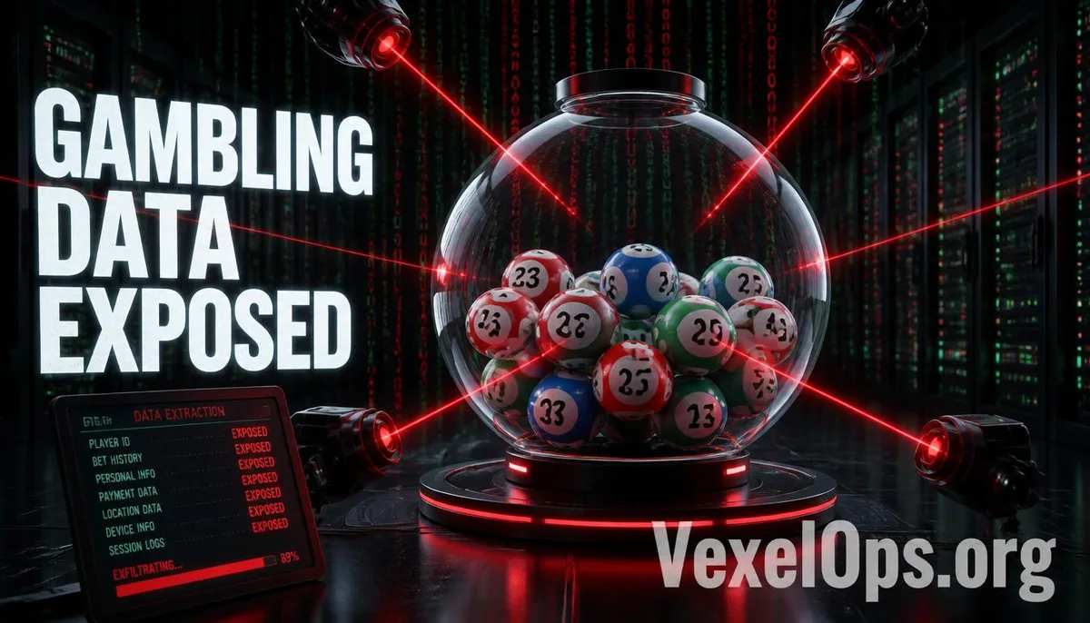 3D rendering of a digital gambling scenario, with a red laser scanning a draw ball, symbolizing VexelOps' in-depth analysis of data manipulation.