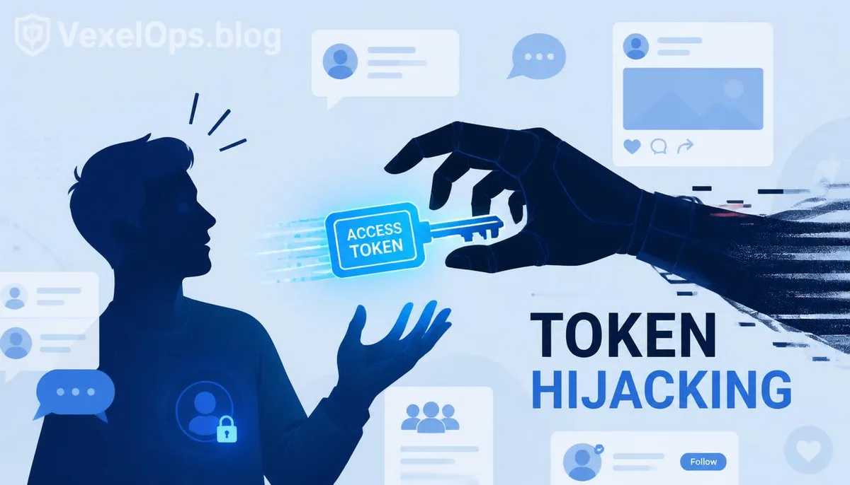 Flat illustration style showcasing a digital token being seized by a mechanical hand, symbolizing the risks of social media account hijacking unveiled by VexelOps.