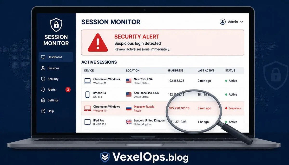 Flat illustration showing login activity monitoring, with a magnifying glass inspecting abnormal background tasks, reflecting VexelOps' professional monitoring recommendations for