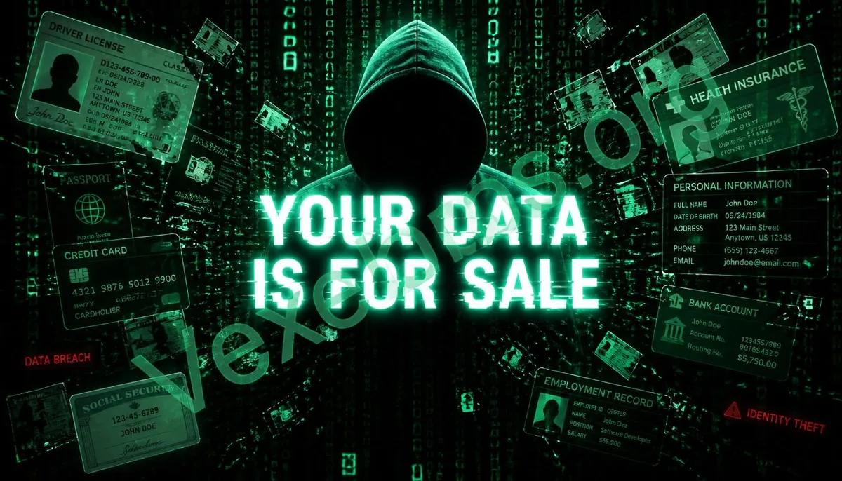 Digital artwork in hacker style, showcasing scattered credentials in a data matrix, featuring a prominent English warning and VexelOps watermark, revealing the truth of dark web
