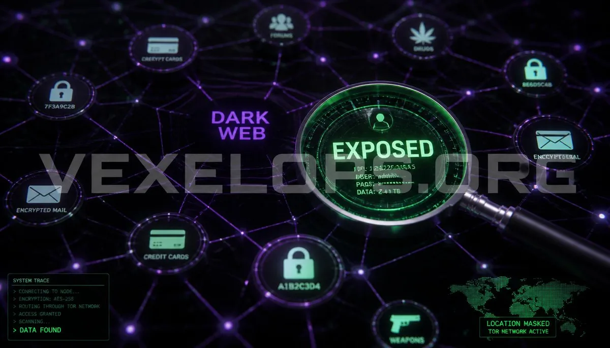 Digital illustration of dark web nodes, with a magnifying glass focusing on leaked data, and a VexelOps watermark showcasing technical depth.