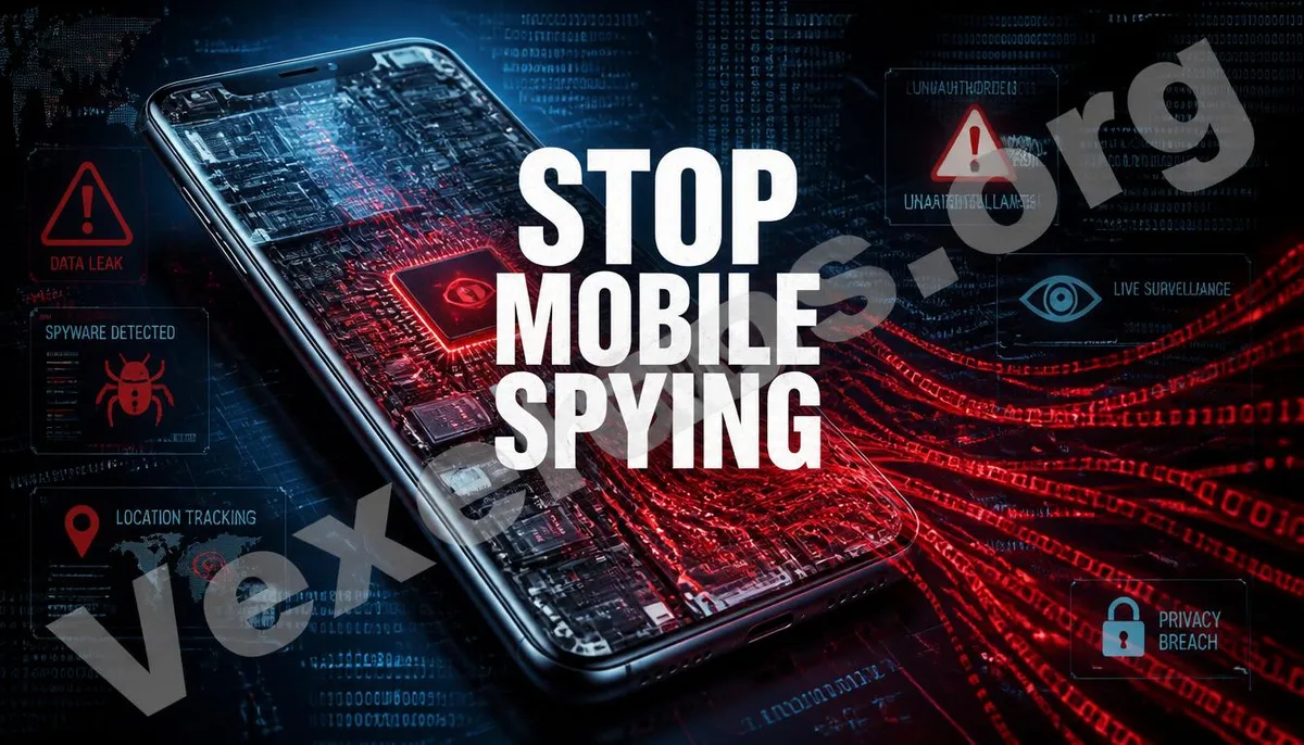 A technology-themed digital artwork illustrating data leaks from a mobile phone, featuring strong anti-theft watermark and VexelOps privacy protection theme.