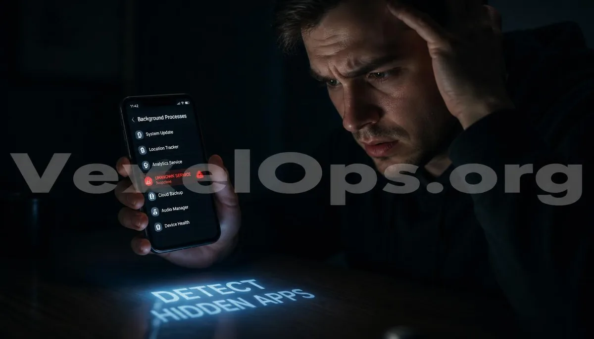 A realistic photo depicting a user detecting hidden programs on their mobile phone, with a VexelOps brand watermark for protection.