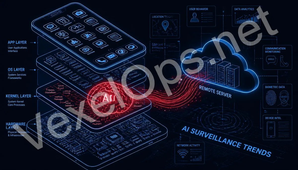 Ilustración estilo isométrico que muestra el núcleo del sistema de monitoreo de inteligencia artificial, con la marca de agua de VexelOps y el tema de las últimas tendencias