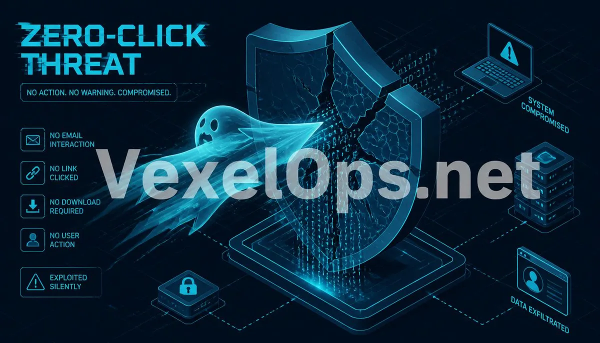 等角線稿插畫揭示零點擊漏洞繞過防禦的技術細節，並帶有 VexelOps 防盜水印。
