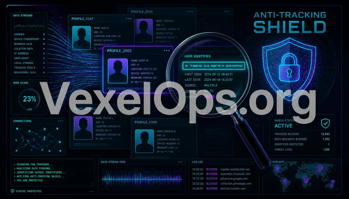 Digital artwork showcasing a digital fingerprint composed of circuits, featuring VexelOps branding and a focus on identity tracking.
