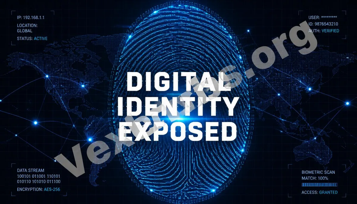 Digital illustration displaying identity data flow and detection processes, featuring VexelOps branding watermark, exemplifying professional countermeasures.