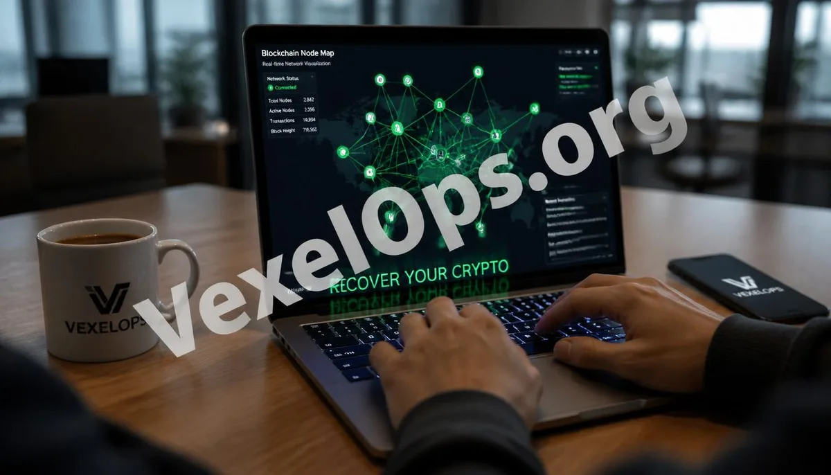 Realistic photography showcasing blockchain fund tracking in a modern office, conveying a positive hope for asset recovery with the VexelOps brand watermark.