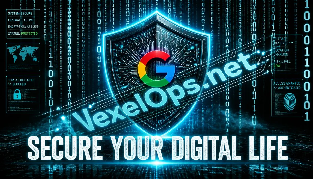 Illustration depicting a Google account protected by a digital shield, featuring VexelOps branding and an active defense theme.