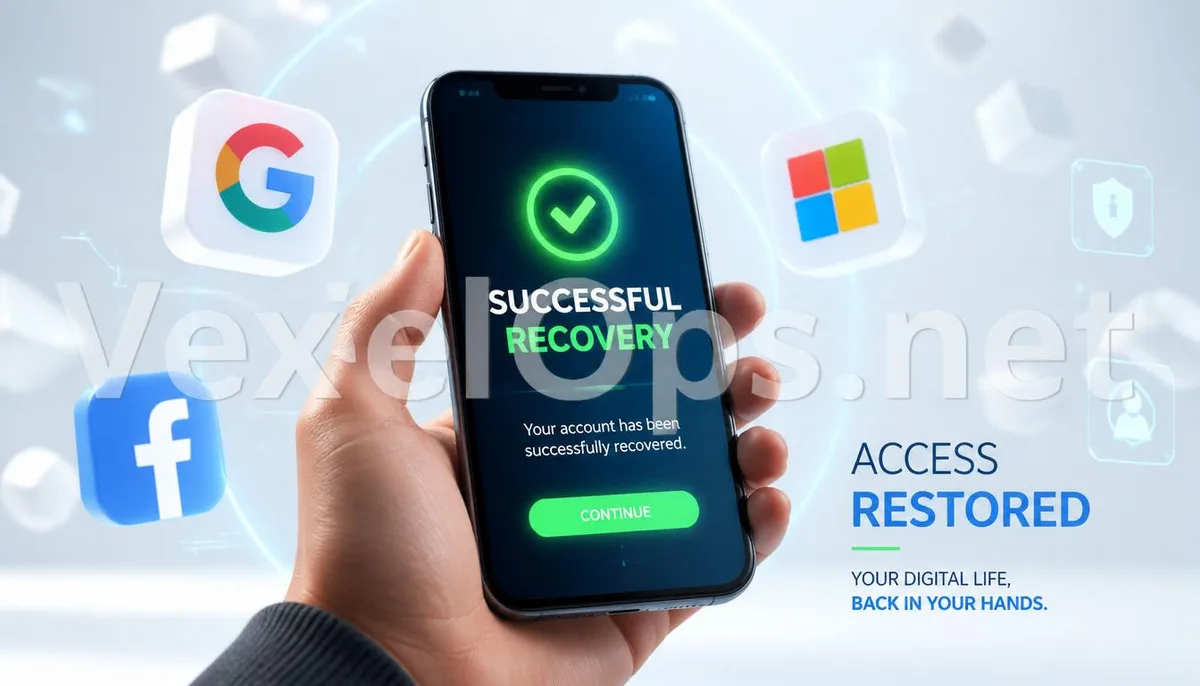 3D rendering showing a successful moment of account recovery, with VexelOps brand anti-theft watermark, conveying hope for success.