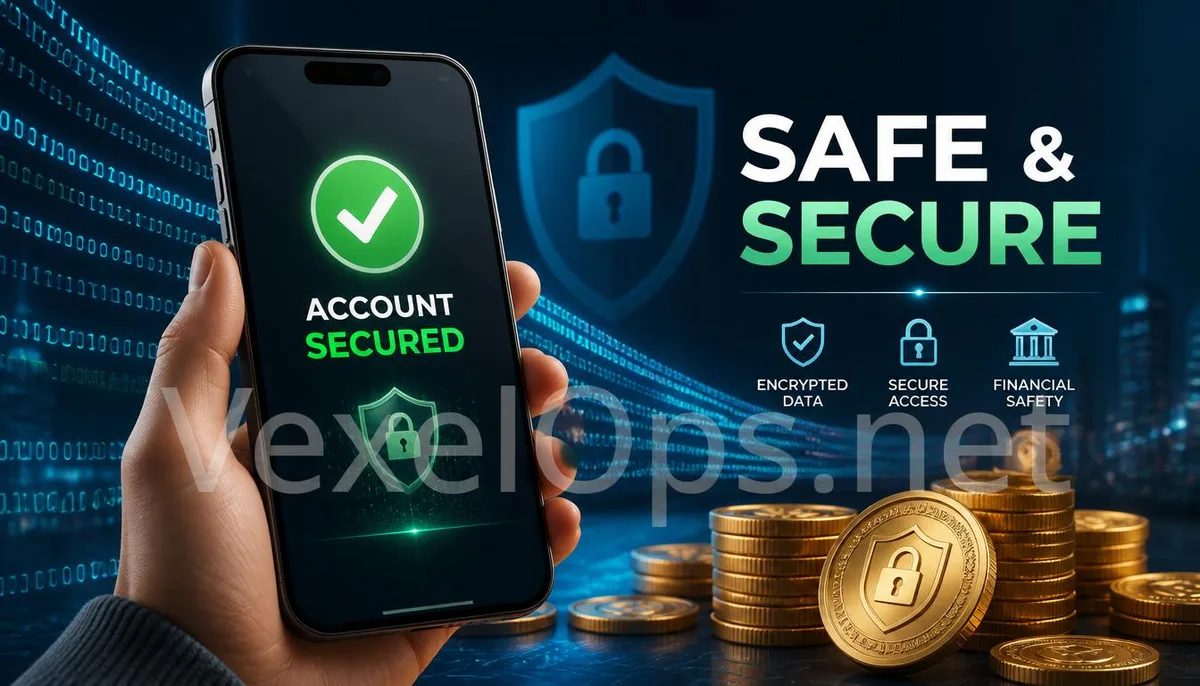 3D rendering captures the moment of successful account recovery and protected funds, featuring VexelOps branding to prevent theft.