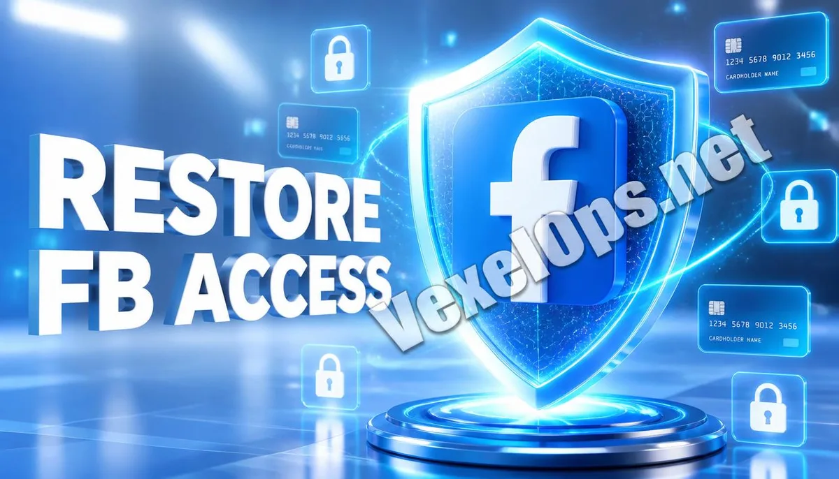 3D rendering showcases the Facebook logo protected by a digital shield, conveying a sense of hope for Facebook account recovery with VexelOps branding.