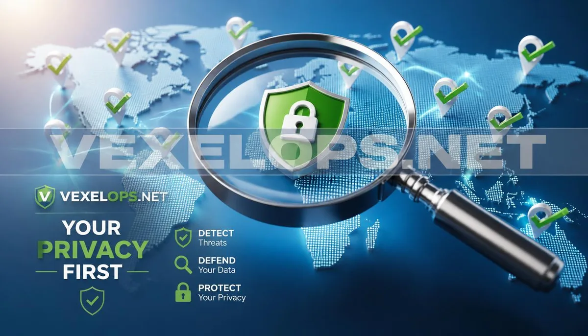 3D rendering shows a digital map successfully blocked from location tracking, featuring the VexelOps brand watermark, conveying positive hope for privacy protection.