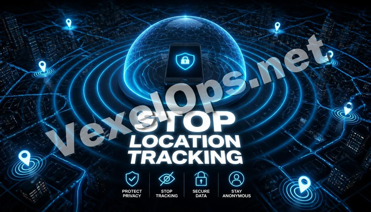 3D rendering shows the location signals emitted by a mobile phone and a digital defense shield, featuring the VexelOps brand watermark, revealing the truth about location tracking.