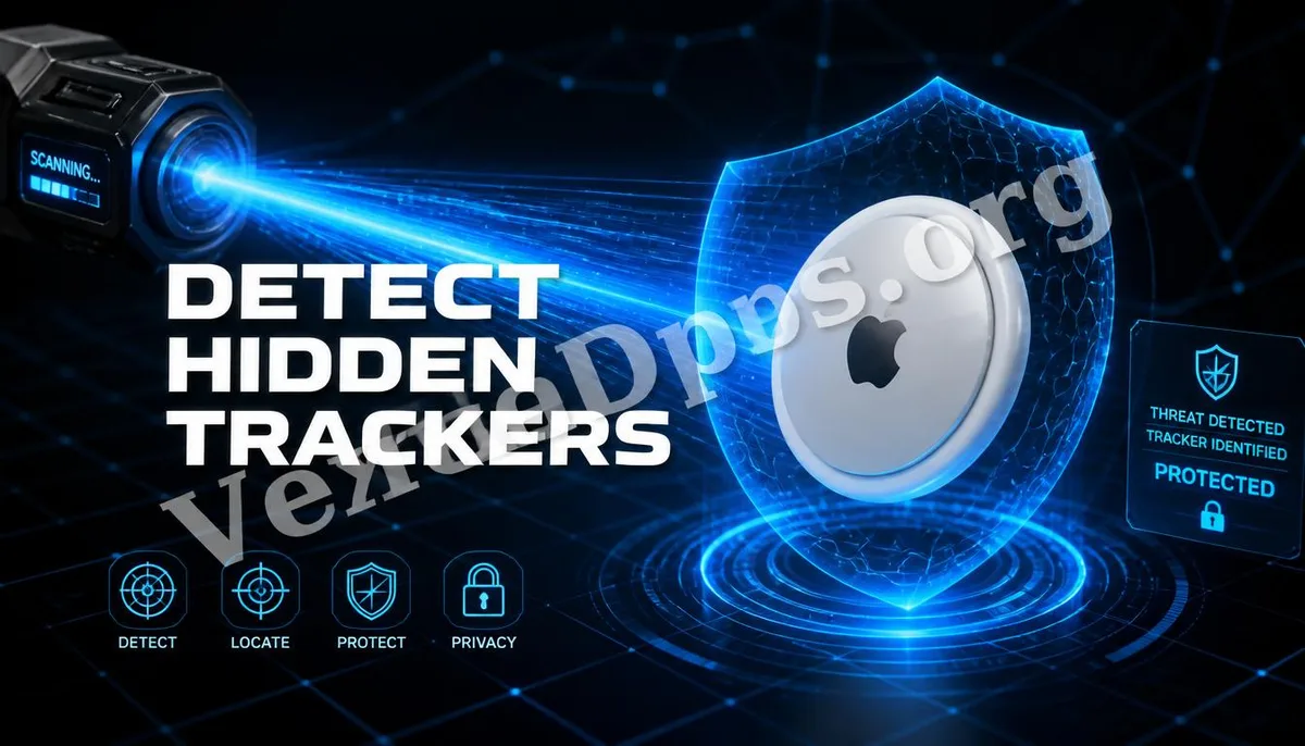 3D rendering showcasing a laser-scanned Bluetooth tracker and a digital defense shield, featuring the VexelOps brand watermark, revealing AirTag detection technology.