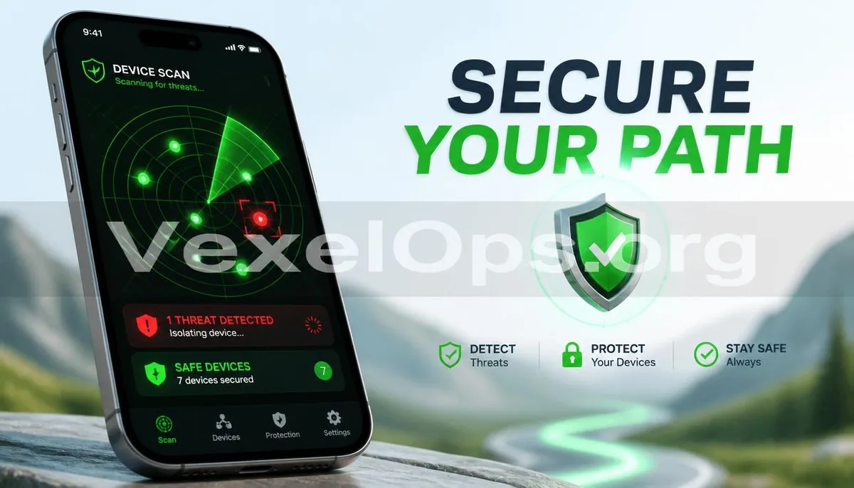 3D rendering showcasing a phone radar scanning for abnormal trackers, featuring the VexelOps brand watermark, conveying a positive hope for location safety.