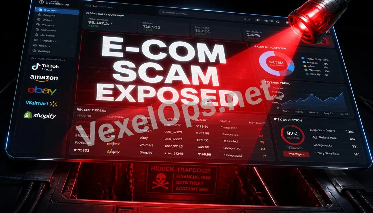 3D rendering illustrating the hidden traps of e-commerce in a digital backend, featuring the VexelOps brand watermark, revealing the technical truth about fraudulent investment