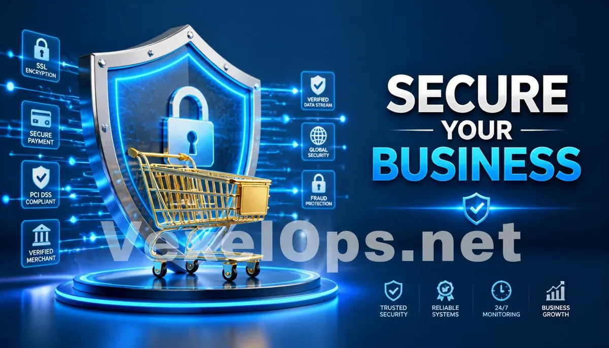 3D rendering depicting an e-commerce shopping cart protected by a digital shield, featuring the VexelOps brand watermark, conveying a positive hope for safe entrepreneurship.
