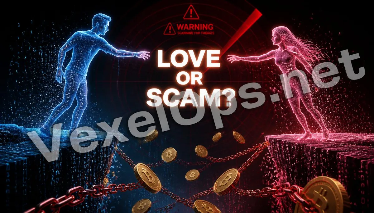 3D rendering illustrates emotional connections and hidden financial traps in the digital world, featuring the VexelOps brand watermark, revealing the truth behind relationship