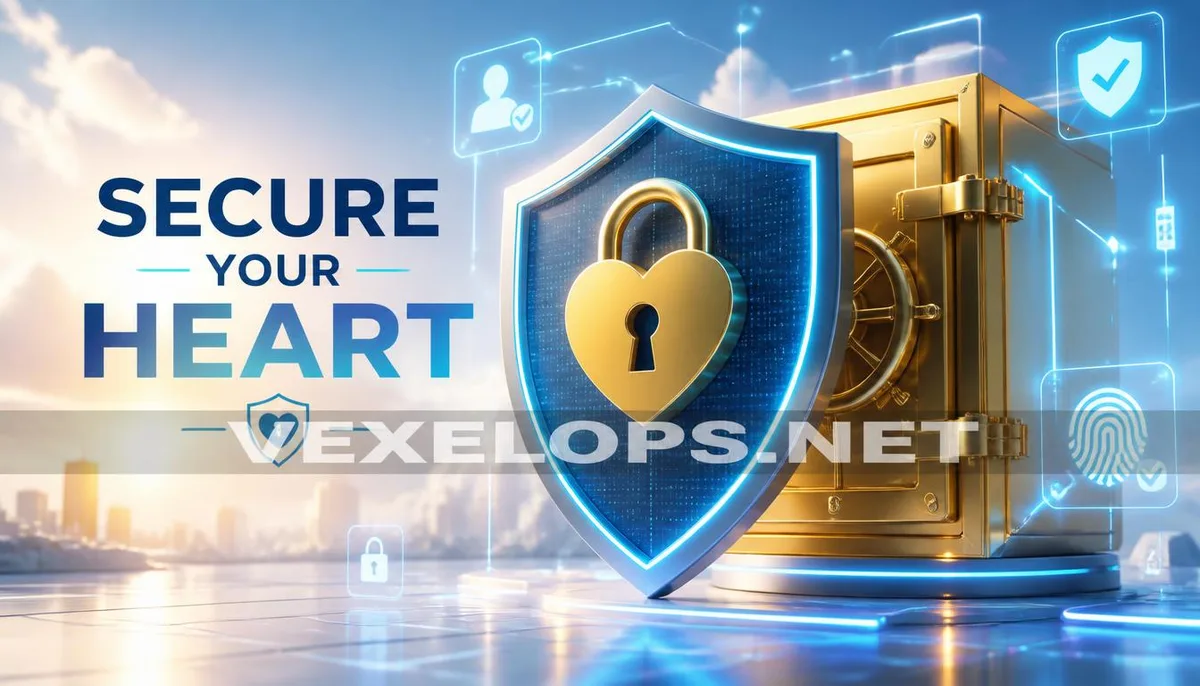 3D rendering shows a heart-shaped lock and vault protected by a digital shield, featuring the VexelOps brand watermark, conveying a positive hope of safeguarding emotions and