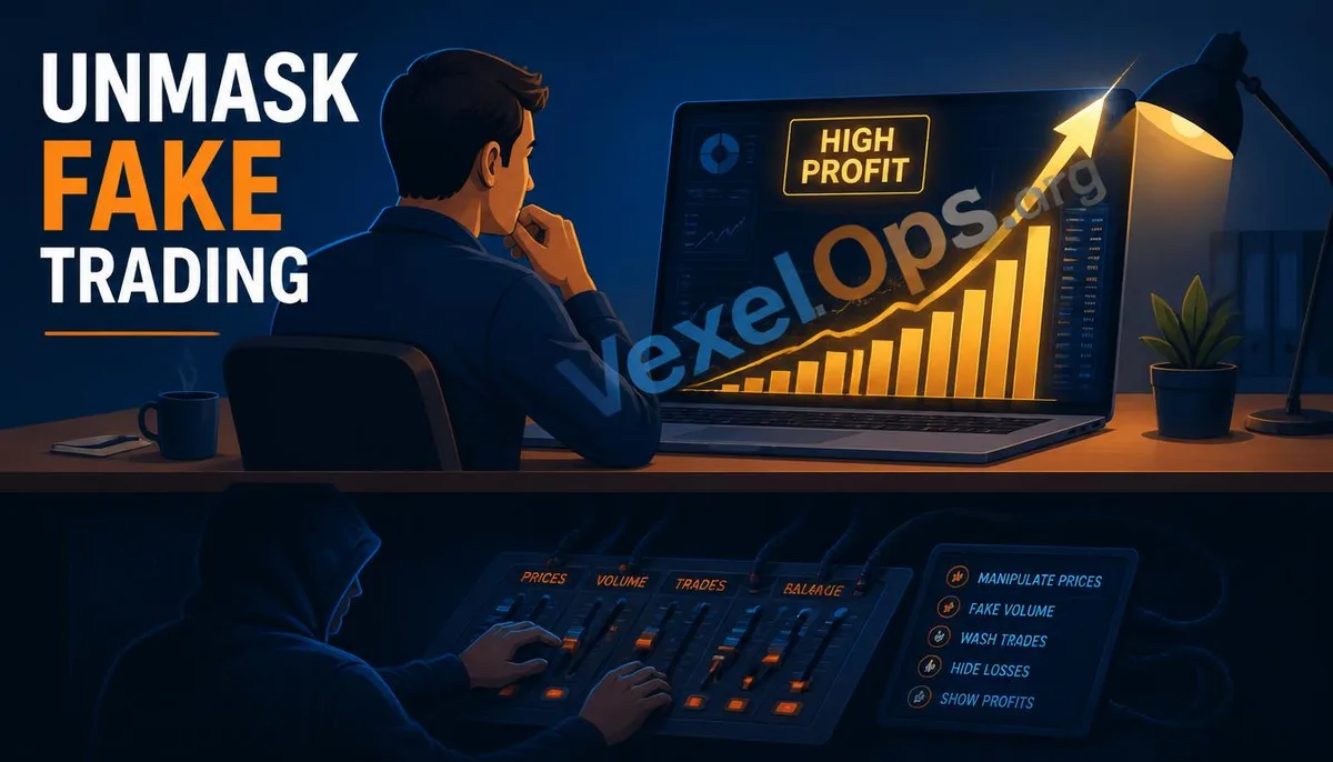 Flat illustration depicting the manipulation behind fake investment platforms, featuring the VexelOps brand watermark, revealing the truth about data manipulation.
