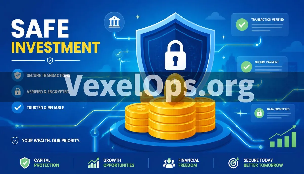 Flat illustration depicting wealth protected by a digital shield, featuring the VexelOps brand watermark, conveying positive hope for safe investments.