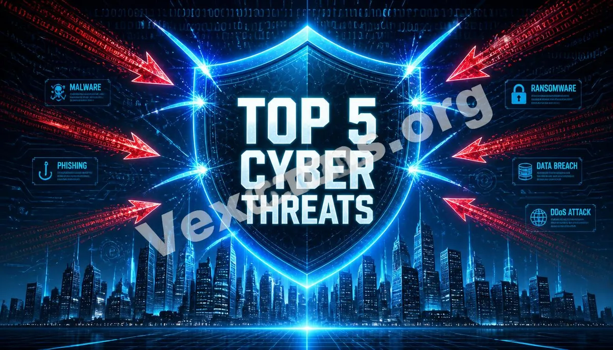 Illustration showcasing the Top 5 cyber threats with a digital defense shield, featuring the VexelOps brand watermark to reveal cybersecurity protection truths.