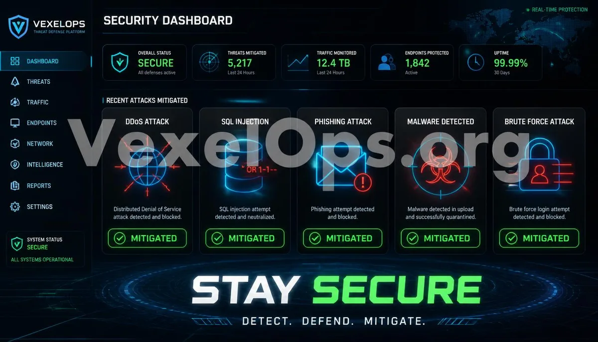 Arte digital que muestra un panel de control de un teléfono exitosamente defendiendo las cinco principales técnicas de ataque en la red, con la marca VexelOps, transmitiendo un