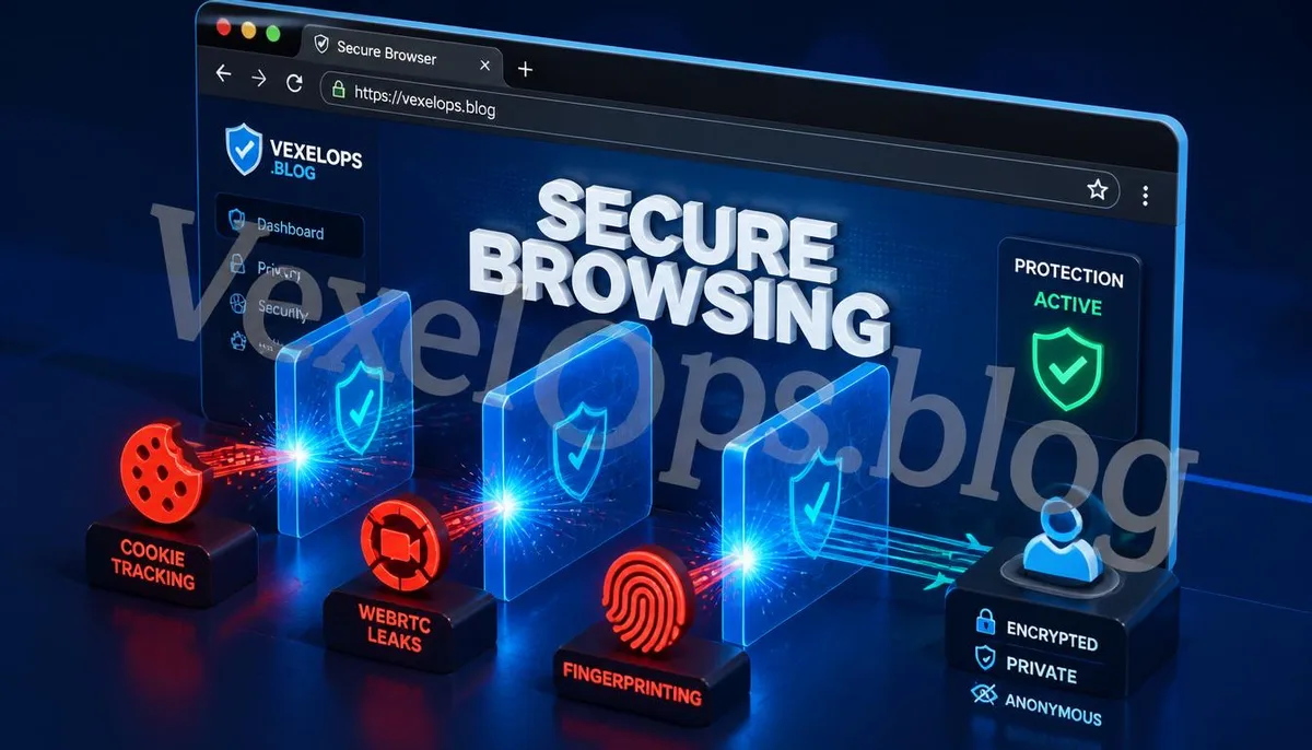 Isometric 3D illustration showcasing browser privacy risks blocked by a digital wall, featuring a prominent English title and VexelOps watermark, illustrating internet anonymity
