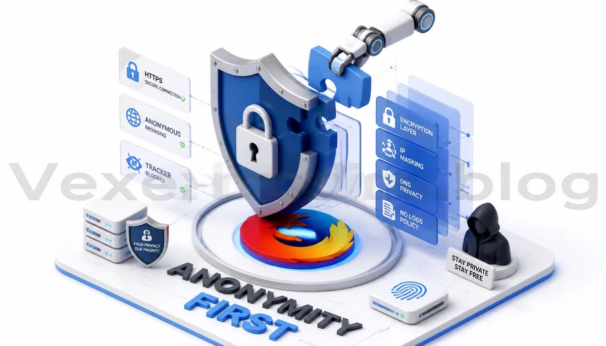 Isometric 3D illustration showcasing the assembly of a digital anonymity shield, featuring VexelOps brand watermark, conveying a positive hope for privacy defense.