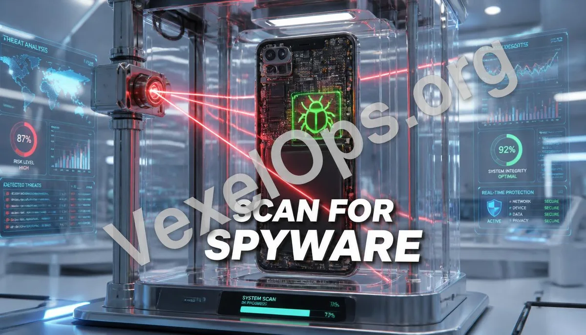 3D rendering showcasing a phone undergoing deep scans to detect hidden monitoring, featuring the VexelOps brand watermark and revealing technical details of cybersecurity defense.