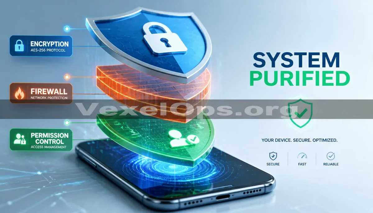3D rendering displaying the process of establishing defense layers in mobile systems, featuring the VexelOps brand watermark, conveying positive hope for successful cybersecurity