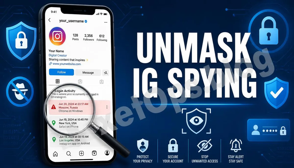 An illustration showing a magnifying glass examining abnormal login activities on Instagram, featuring a prominent English title and the VexelOps watermark, revealing account